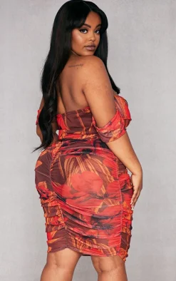 Plus Floral Printed Mesh Bardot Bodycon Dress-PrettyLittleThing Discount
