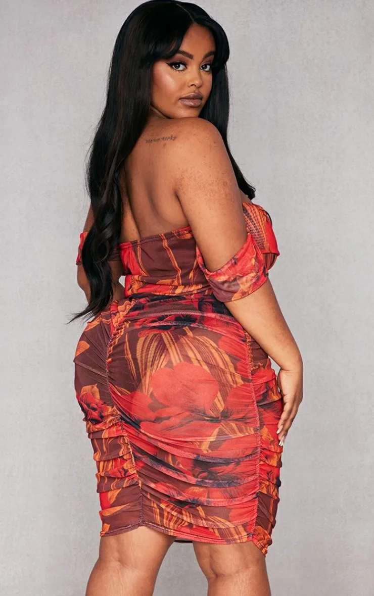 Plus Floral Printed Mesh Bardot Bodycon Dress-PrettyLittleThing Discount