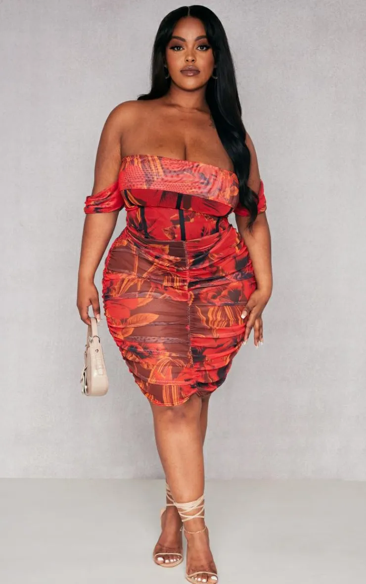 Plus Floral Printed Mesh Bardot Bodycon Dress-PrettyLittleThing Discount