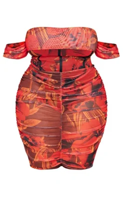 Plus Floral Printed Mesh Bardot Bodycon Dress-PrettyLittleThing Discount