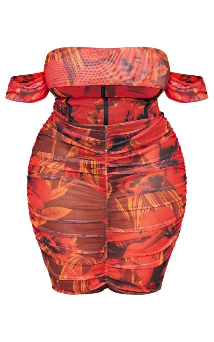Plus Floral Printed Mesh Bardot Bodycon Dress-PrettyLittleThing Discount