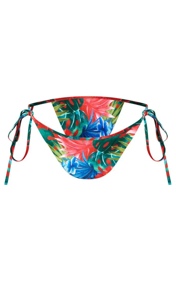 Plus Red Lotus Flower Print Tie Side Bikini Bottoms