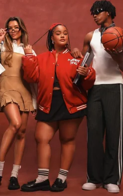 PrettyLittleThing Bomber Jackets*Plus Quilted Faux Leather Sleeve Oversized Varsity Bomber Jacket