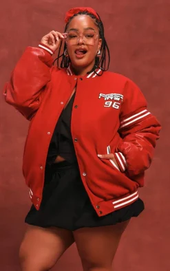 PrettyLittleThing Bomber Jackets*Plus Quilted Faux Leather Sleeve Oversized Varsity Bomber Jacket