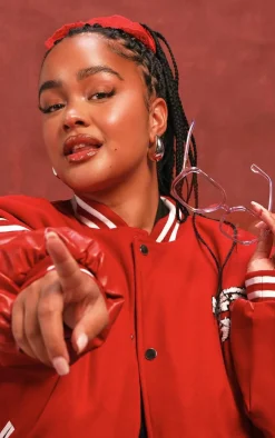 PrettyLittleThing Bomber Jackets*Plus Quilted Faux Leather Sleeve Oversized Varsity Bomber Jacket