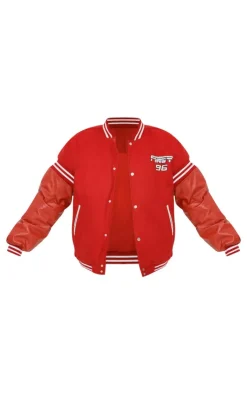 PrettyLittleThing Bomber Jackets*Plus Quilted Faux Leather Sleeve Oversized Varsity Bomber Jacket