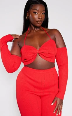 PrettyLittleThing Knitted Tops*Plus Rib Knit Bardot Tie Neck Top