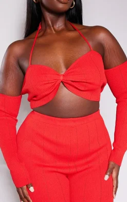 PrettyLittleThing Knitted Tops*Plus Rib Knit Bardot Tie Neck Top