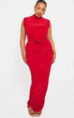 Online PrettyLittleThing Plus Ruched Midaxi Skirt Red