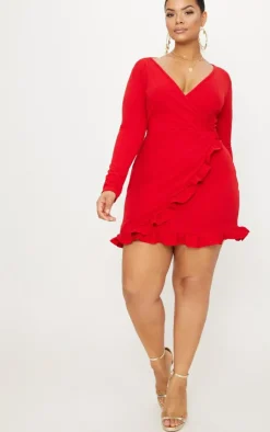 Plus Ruffle Detail Wrap Dress-PrettyLittleThing