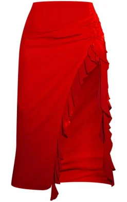 Clearance PrettyLittleThing Plus Ruffle Front Detail Midi Skirt Red