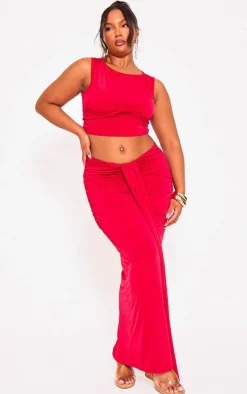 Online PrettyLittleThing Plus Slinky Drape Detail Maxi Skirt Red