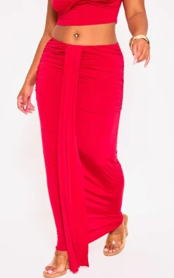 Online PrettyLittleThing Plus Slinky Drape Detail Maxi Skirt Red