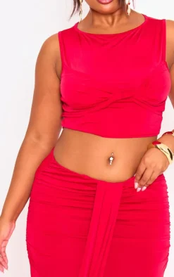 Online PrettyLittleThing Plus Slinky Drape Detail Maxi Skirt Red