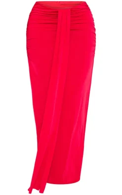 Online PrettyLittleThing Plus Slinky Drape Detail Maxi Skirt Red