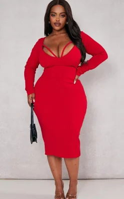 Plus Strap Detail Long Sleeve Midi Dress-PrettyLittleThing Hot