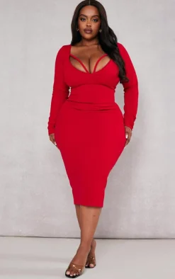 Plus Strap Detail Long Sleeve Midi Dress-PrettyLittleThing Hot
