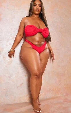 Plus Red Tie Front Ribbed Bandeau Bikini Top