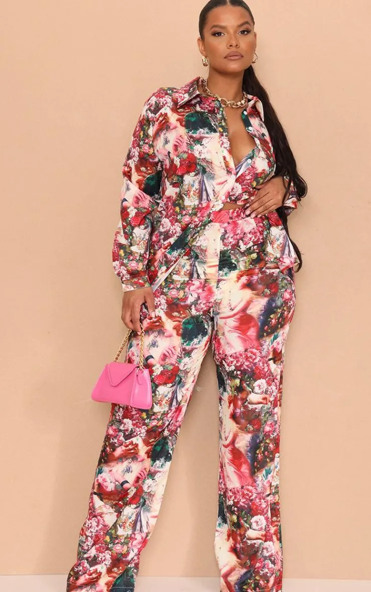 Hot PrettyLittleThing Plus Femme Renaissance Print Wide Leg Pants Rose