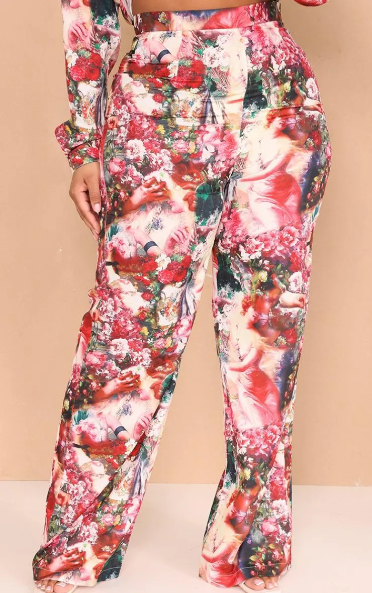 Hot PrettyLittleThing Plus Femme Renaissance Print Wide Leg Pants Rose
