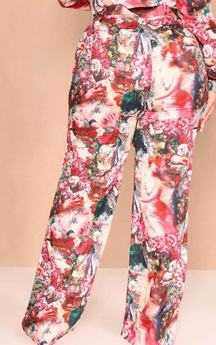 Hot PrettyLittleThing Plus Femme Renaissance Print Wide Leg Pants Rose