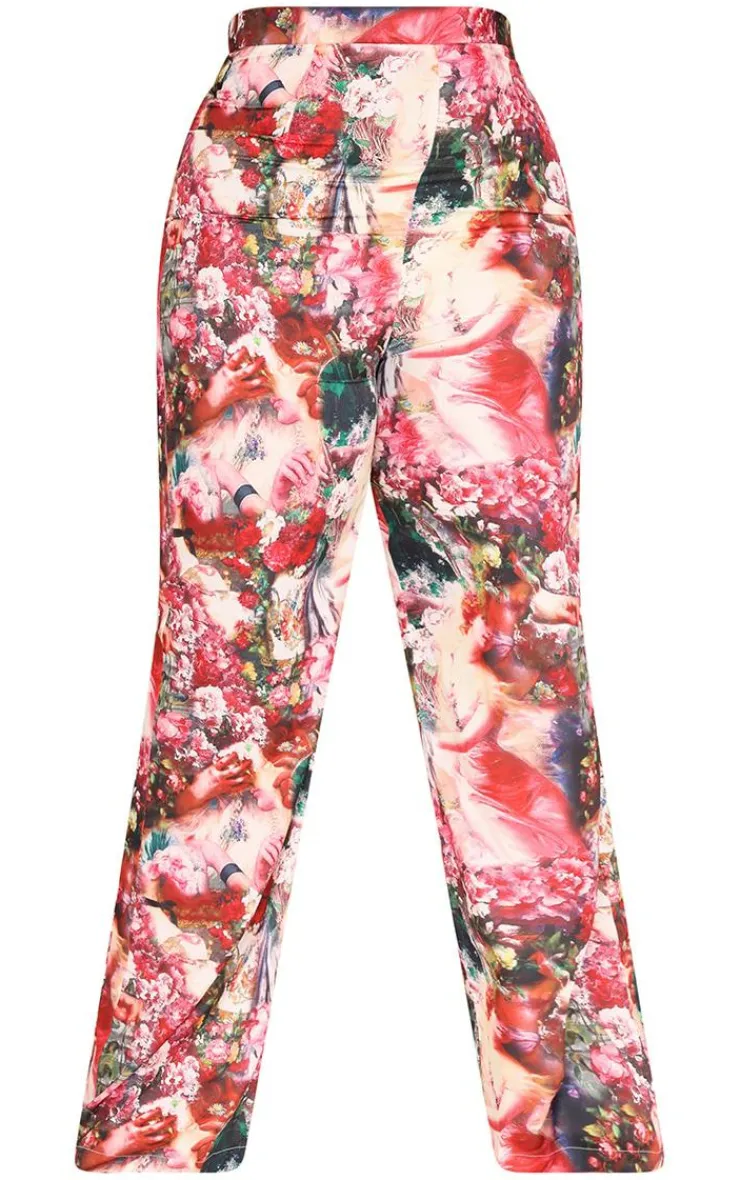 Hot PrettyLittleThing Plus Femme Renaissance Print Wide Leg Pants Rose
