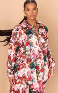 Sale PrettyLittleThing Plus Femme Renaissance Print Oversized Shirt Rose