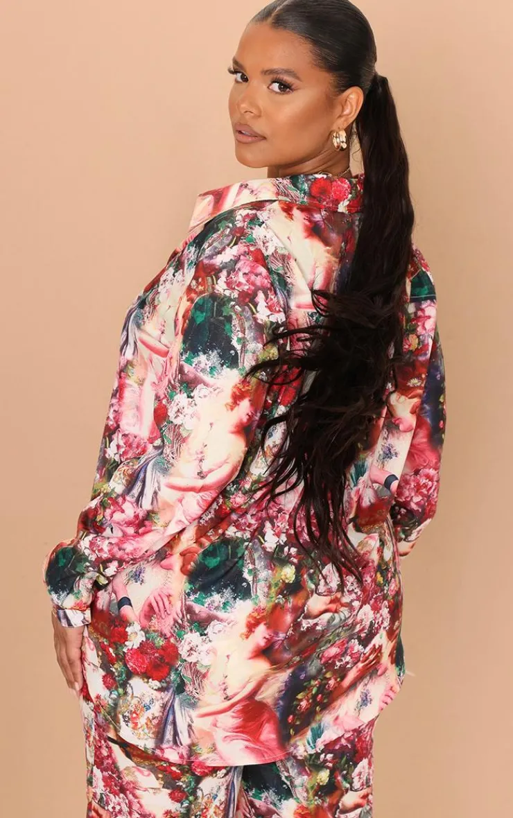 Sale PrettyLittleThing Plus Femme Renaissance Print Oversized Shirt Rose