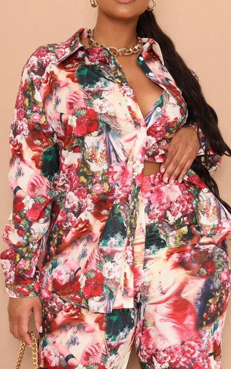 Sale PrettyLittleThing Plus Femme Renaissance Print Oversized Shirt Rose