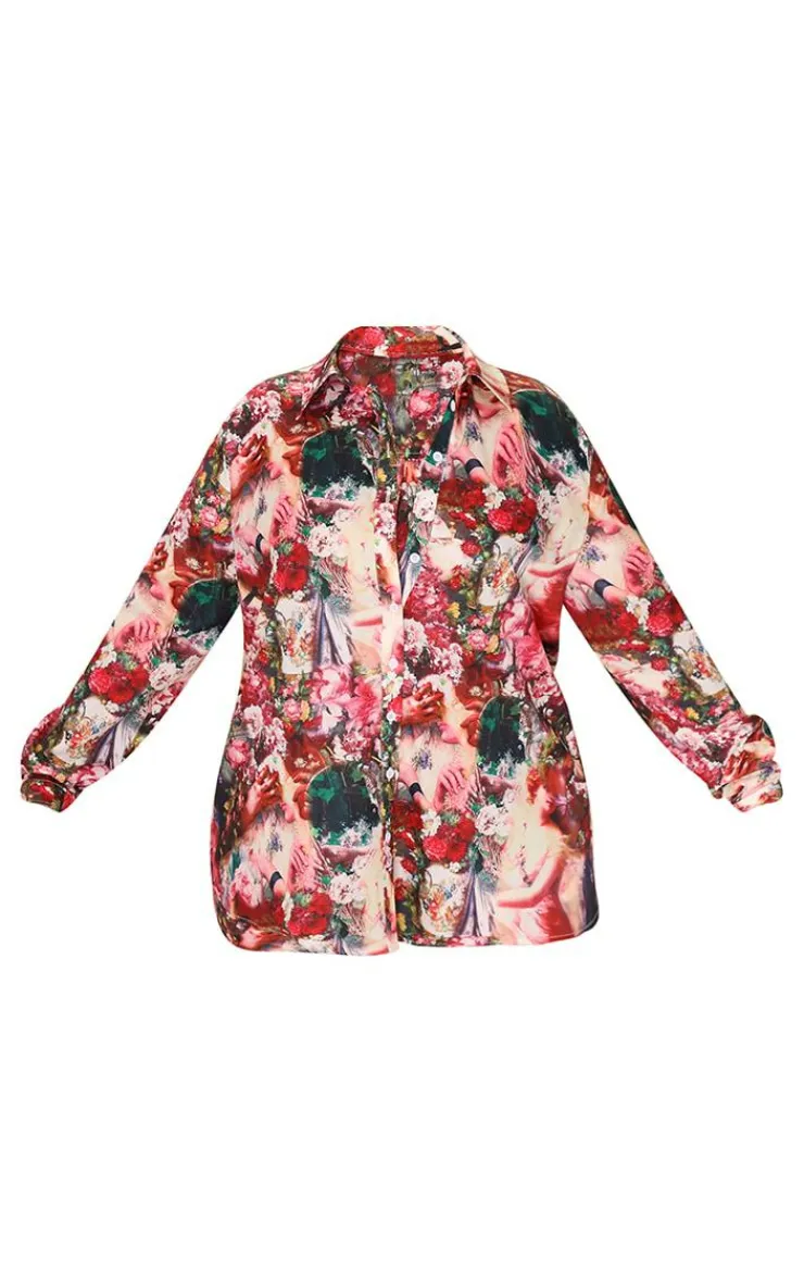 Sale PrettyLittleThing Plus Femme Renaissance Print Oversized Shirt Rose
