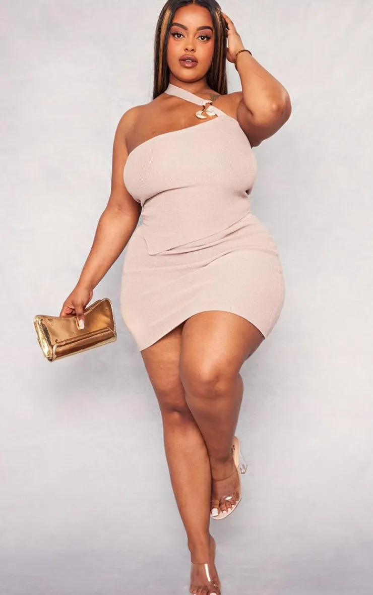 Best PrettyLittleThing Plus Rib Knit Asymmetric Mini Skirt Rose Gold