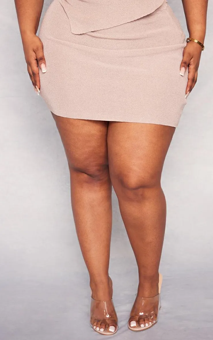 Best PrettyLittleThing Plus Rib Knit Asymmetric Mini Skirt Rose Gold
