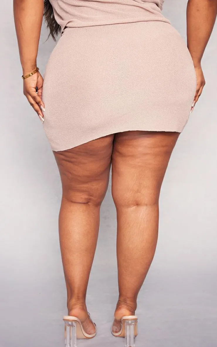 Best PrettyLittleThing Plus Rib Knit Asymmetric Mini Skirt Rose Gold