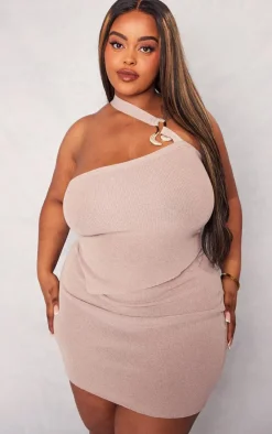 Sale PrettyLittleThing Plus Rib Knit Gold Trim Asymmetric Top Rose Gold