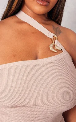 Sale PrettyLittleThing Plus Rib Knit Gold Trim Asymmetric Top Rose Gold