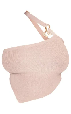 Sale PrettyLittleThing Plus Rib Knit Gold Trim Asymmetric Top Rose Gold