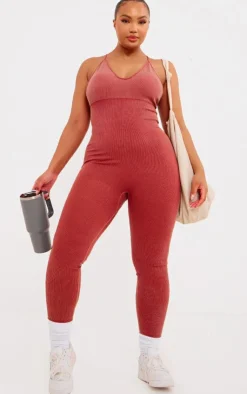 PrettyLittleThing Seamless Gym Wear*Plus Acid Wash Seamless Rib Strappy Long Unitard