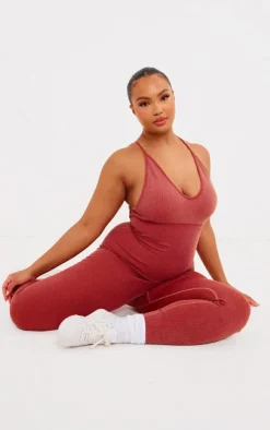 PrettyLittleThing Seamless Gym Wear*Plus Acid Wash Seamless Rib Strappy Long Unitard