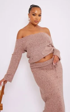 Outlet PrettyLittleThing Plus Bardot Distressed Knit Sweater Rust