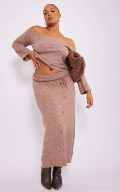 Outlet PrettyLittleThing Plus Bardot Distressed Knit Sweater Rust