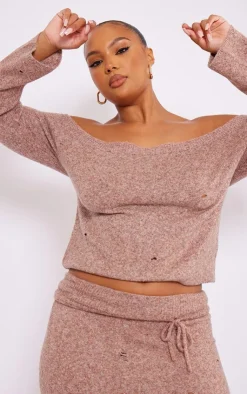 Outlet PrettyLittleThing Plus Bardot Distressed Knit Sweater Rust