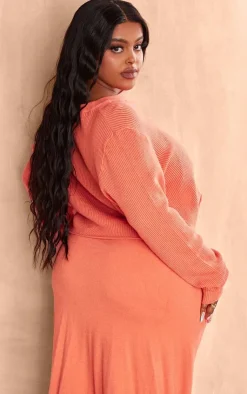 Online PrettyLittleThing Plus Contrast Stitch Knitted Long Sleeve Top Rust