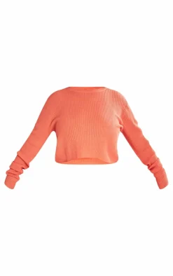 Online PrettyLittleThing Plus Contrast Stitch Knitted Long Sleeve Top Rust