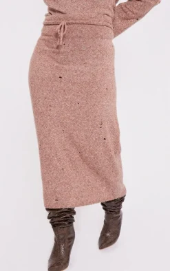 Discount PrettyLittleThing Plus Distressed Knit Foldover Waistband Midi Skirt Rust