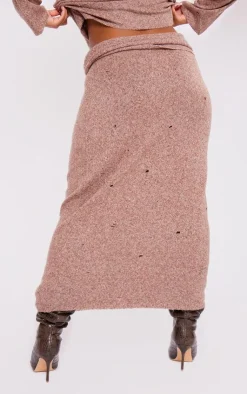 Discount PrettyLittleThing Plus Distressed Knit Foldover Waistband Midi Skirt Rust