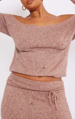 Discount PrettyLittleThing Plus Distressed Knit Foldover Waistband Midi Skirt Rust