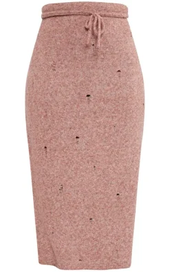 Discount PrettyLittleThing Plus Distressed Knit Foldover Waistband Midi Skirt Rust