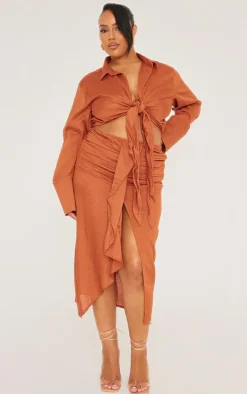 PrettyLittleThing Plus Linen Look Drape Front Midi Skirt Rust