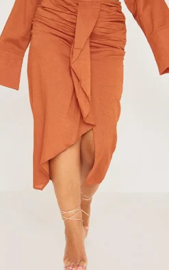 PrettyLittleThing Plus Linen Look Drape Front Midi Skirt Rust
