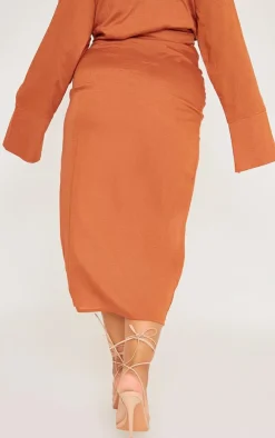 PrettyLittleThing Plus Linen Look Drape Front Midi Skirt Rust